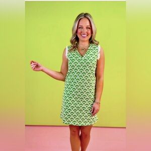 Green and Ivory V-Neck Sheath Dress for Cocktail by Voy